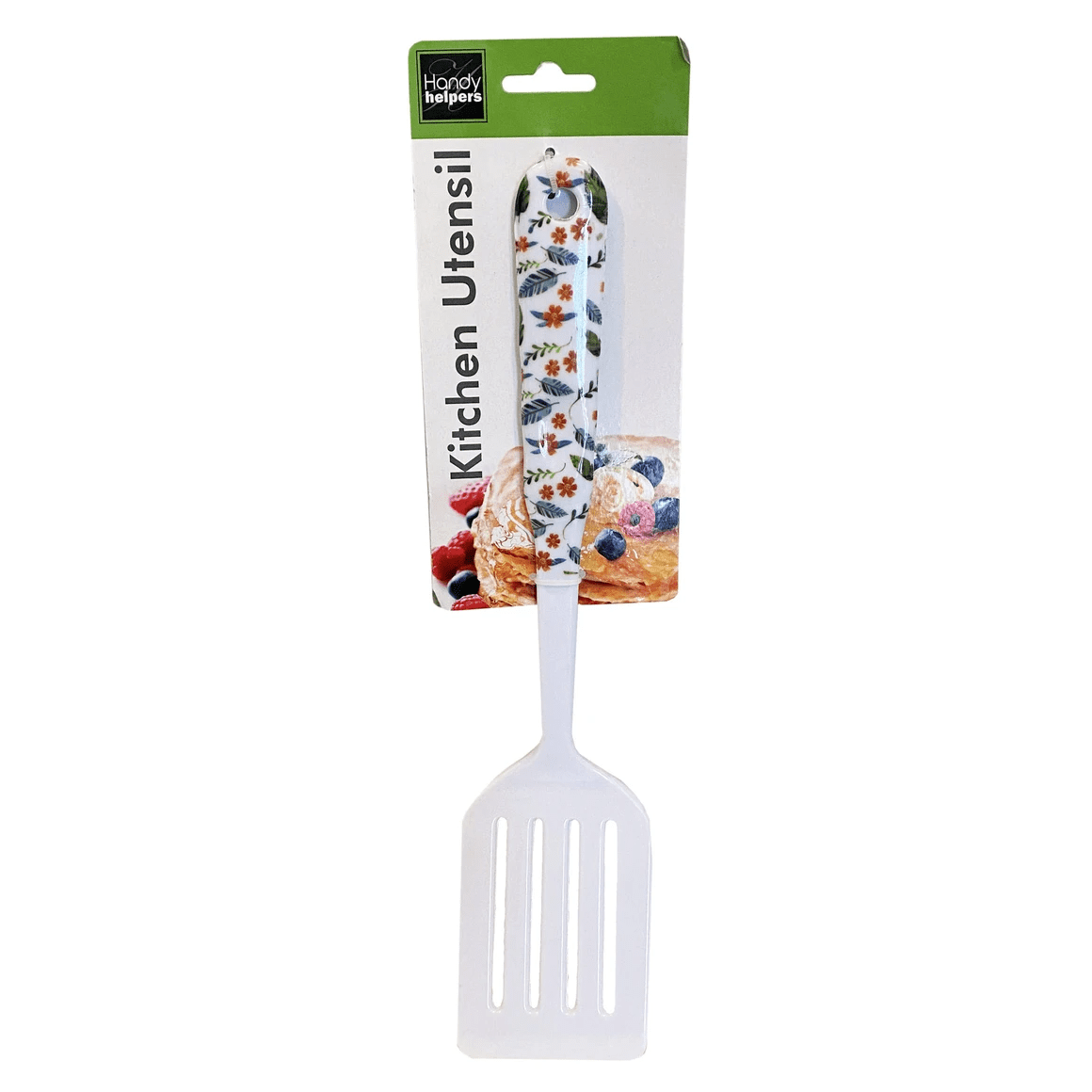 Floral Design Melamine Kitchen Tool Slotted Spatula, Durable Melamine with Stylish Floral Handles in Blue Leaf, Orange Flower, Bold Flower, Bird Prints, Ideal for Dorms, Apartments, Homes, White