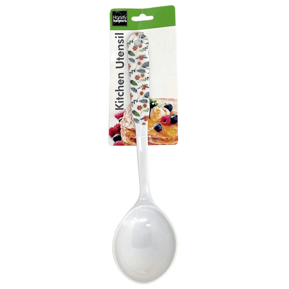 Floral Design Melamine Kitchen Tool Spoon, Durable White Melamine with Stylish Floral Handles in Blue Leaf, Orange Flower, Bold Flower, Bird Prints, Ideal for Dorms, Apartments, Homes, White