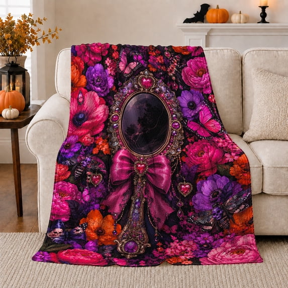 Floral Design with Ornate Mirror and Pumpkins Warm Flannel Blanket for Sunroom and Reading Nook, Art Lovers Autumn Celebration Gift, Festive Home Decor