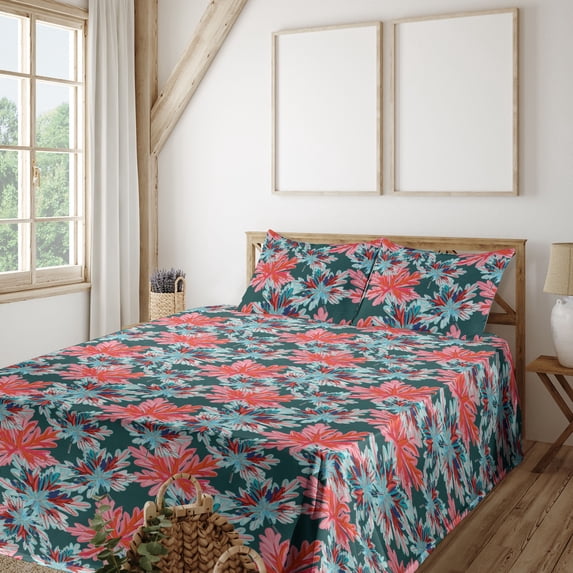 Ambesonne Floral Design Fitted & Flat Sheet with Shams 4 Pcs Set, Cartoon Flowers Boho, Calking, Pastel Pink Mint Green