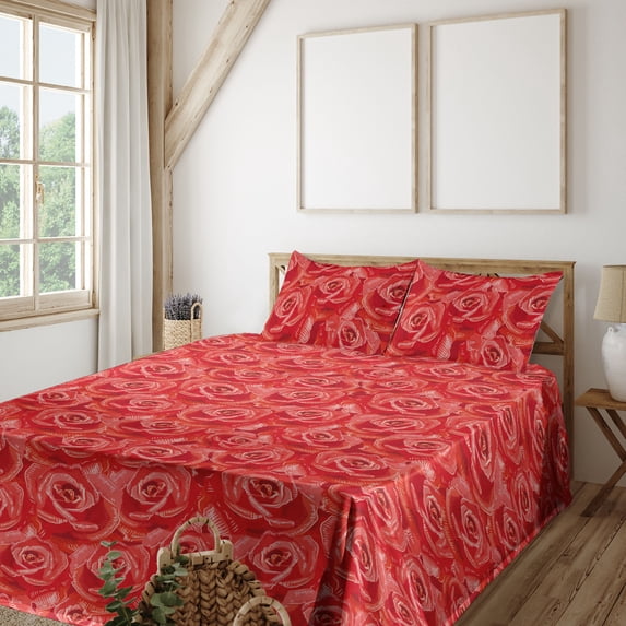 Ambesonne Floral Design Fitted & Flat Sheet with Sham 3 Pcs Set, Dreamy Rose Scene Art, Twin XL, Dark Coral White