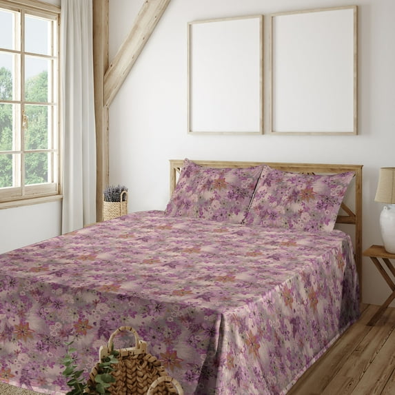 Ambesonne Floral Design Fitted & Flat Sheet with Shams 4 Pcs Set, Flowers Dreamy Garden, Full, Pale Lilac Lilac