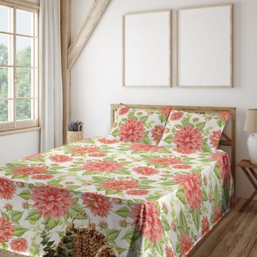 Vintage Rose Sheet Set, Leaves Greenery with Watercolor Style Delicate