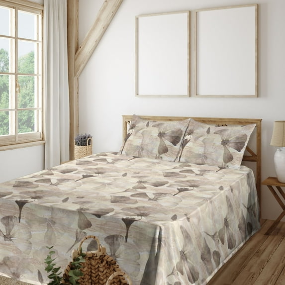 Ambesonne Floral Design Fitted & Flat Sheet with Shams 4 Pcs Set, Neutral Petals Print, Full, Taupe Warm Taupe