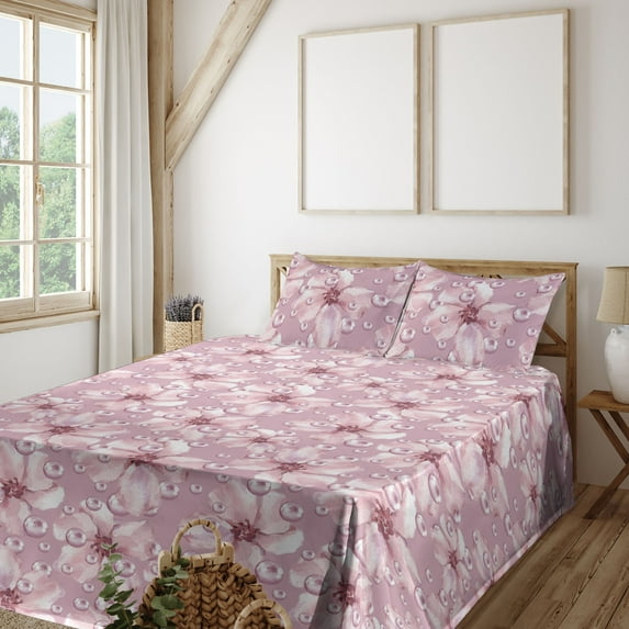 Ambesonne Floral Design Fitted & Flat Sheet with Shams 4 Pcs Set, Pearl Flower Pattern, Queen, Lilac Pale Pink White