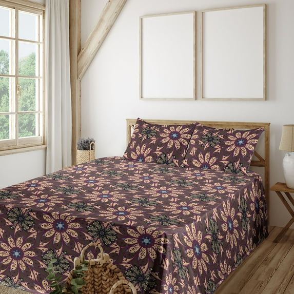 Ambesonne Floral Design Fitted & Flat Sheet with Shams 4 Pcs Set, Dreamy Blooming Print, King, Green Brown Mustard Tan