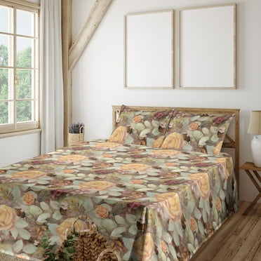 Floral Design Sheet Set, Romantic Garden Scene Rose Flowers Boho with Muted Colors Print, Fitted & Flat Sheet with Pillowcase Bedding Accent 4 Pcs Set, King, Pistachio Green Mustard, by Ambesonne
