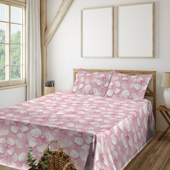 Ambesonne Floral Design Fitted & Flat Sheet with Shams 4 Pcs Set, Simple Dreamy Petals, Queen, Pastel Pink Pale Rose