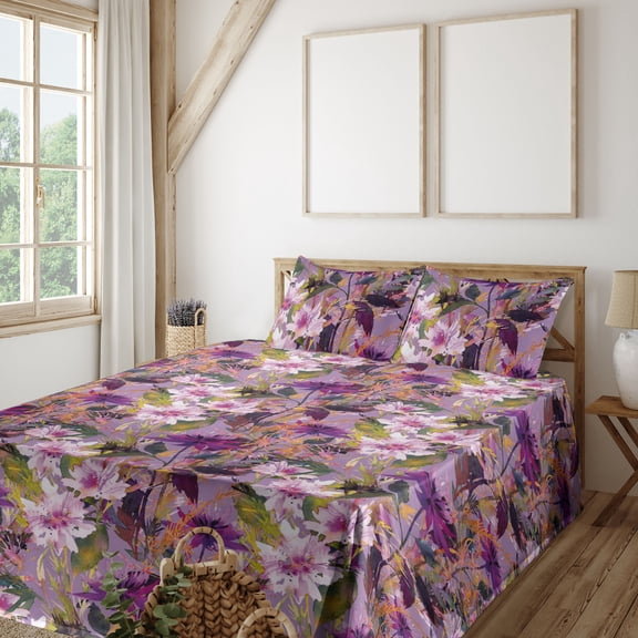 Ambesonne Floral Design Fitted & Flat Sheet with Sham 3 Pcs Set, Soft Vintage Flowers, Twin, Lavender Yellow Green