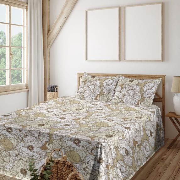 Ambesonne Floral Design Fitted & Flat Sheet with Shams 4 Pcs Set, Vintage Poppy Print, King, Khaki White Pale Green