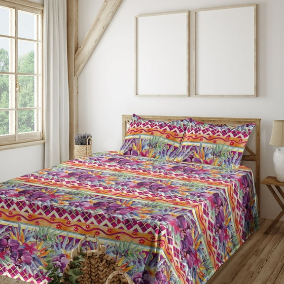 Ambesonne Floral Design Fitted & Flat Sheet with Shams 4 Pcs Set, Floral Watercolor Art, Full, Magenta Pistachio Green