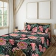 thumbnail image 1 of Ambesonne Floral Design Fitted & Flat Sheet with Shams 4 Pcs Set, Watercolor Peony Art, Full, Dark Coral Forest Green, 1 of 1