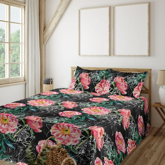Ambesonne Floral Design Fitted & Flat Sheet with Shams 4 Pcs Set, Watercolor Peony Art, Full, Dark Coral Forest Green
