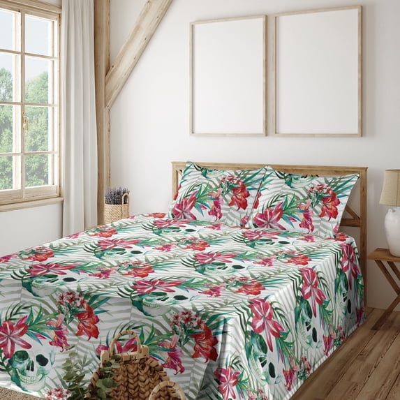 Ambesonne Floral Design Fitted & Flat Sheet with Shams 4 Pcs Set, Watercolor Skull Art, Queen, Dark Coral Jade Green