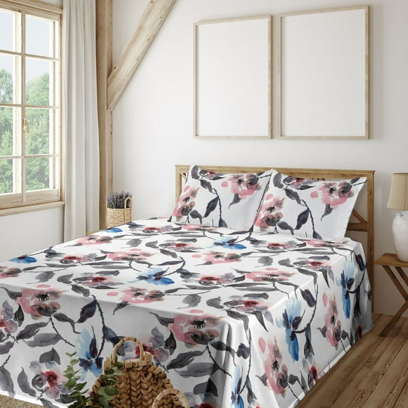 Floral Design Sheet Set, Watercolor Style Blooming Branches in Soft Modern Romantic Colors, Fitted & Flat Sheet with Pillowcase Bedding Accent 4 Pcs Set, Calking, Dimgray Rose and Blue, by Ambesonne