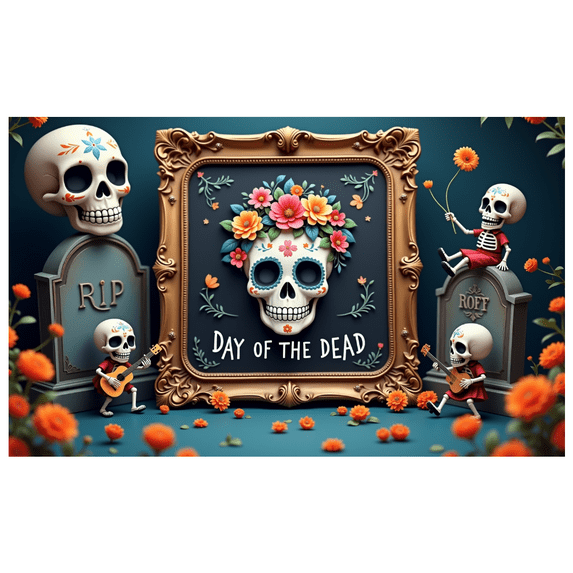 Floral Design Skull Banner Decorative Day of the Dead Celebration for Holiday Event Indoor Decoration Party Background