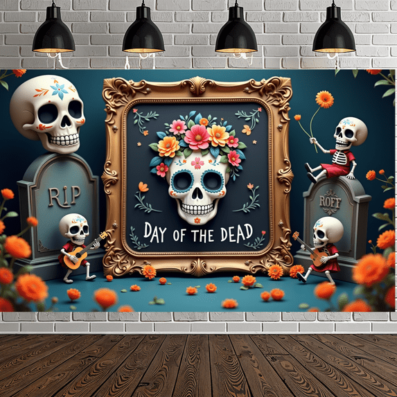Floral Design Skull Banner Decorative Day of the Dead Celebration for Holiday Event Indoor Decoration Party Background