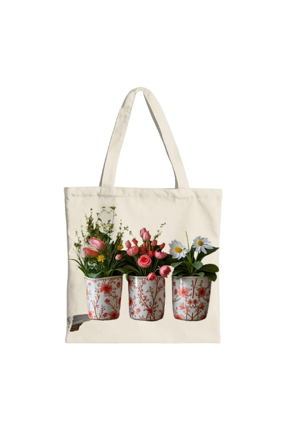 Floral Design Tote Bag - Canvas Reusable Shopping Bag with Potted Plants Pink Tulips & Roses Perfect for Parties Travel & Everyday Use