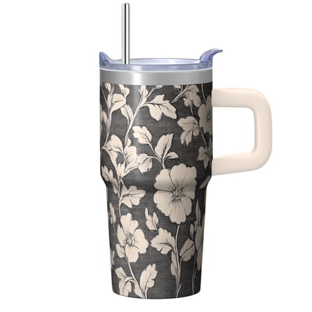 Floral Design Travel Coffee Cup 20oz - Insulated Stainless Steel Tumbler with Handle, Comes with Straw and Leak-proof Top, For Women