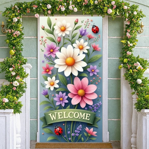 Floral Design Welcome Banner Colorful Flowers Spring Display Green Leaves Ladybug Accent Garden Backdrop for Garden Party Outdoor Gathering Front Door Decor