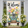 thumbnail image 1 of Floral Design Welcome Banner Vintage Truck Spring Backdrop Checkered Bow Colorful Blooms Garden Background for Home Decoration Spring Party Garden Gathering, 1 of 9