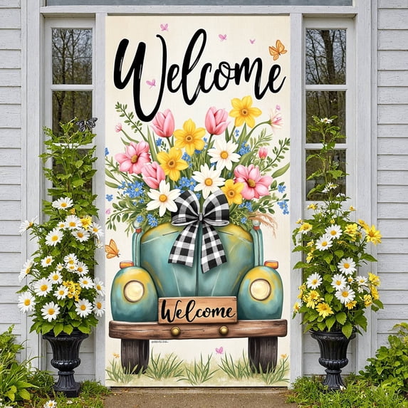 Floral Design Welcome Banner Vintage Truck Spring Backdrop Checkered Bow Colorful Blooms Garden Background for Home Decoration Spring Party Garden Gathering