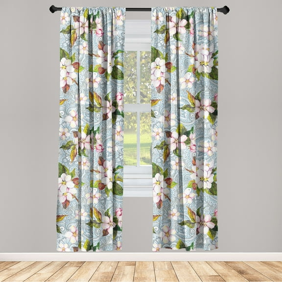 Floral Design Window Curtains, Asian Springtime Flowers with Leaf Pattern on Oriental Backdrop, Lightweight Decor 2-Panel Set with Rod Pocket, Pair of - 28"x63", Pale Pink Forest Green, by Ambesonne
