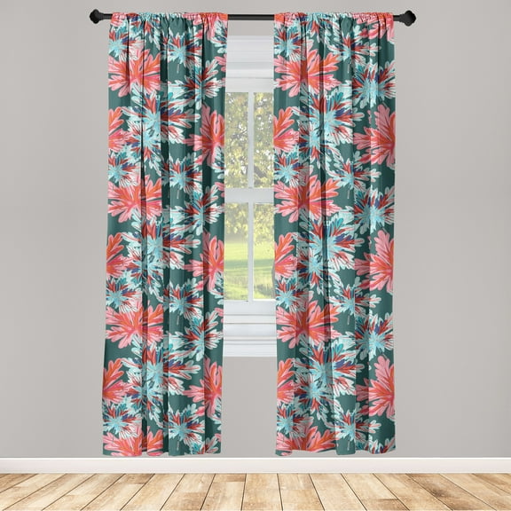 Floral Design Window Curtains, Cartoon Winter Colors Flowers Vintage Pattern on Teal Tone Back, Lightweight Decor 2-Panel Set with Rod Pocket, Pair of - 28"x95", Pastel Pink Mint Green, by Ambesonne