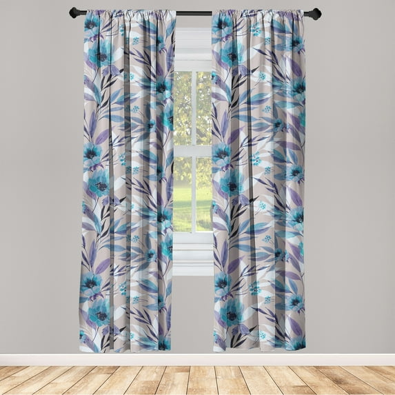 Floral Design Window Curtains, Dreamy Color Palette Tropical Flowers Vintage with Leaves Print, Lightweight Decor 2-Panel Set with Rod Pocket, Pair of - 28"x84", Sea Blue Pale Eggplant, by Ambesonne