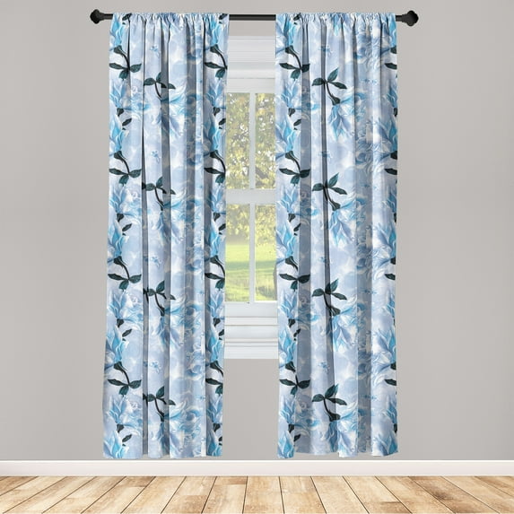 Floral Design Window Curtains, Dreamy Silhouettes of Blooming Rose with Leaves Boho Art, Lightweight Decor 2-Panel Set with Rod Pocket, Pair of - 28"x84", Pale Ceil Blue and Dark Teal, by Ambesonne