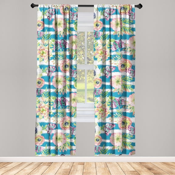 Floral Design Window Curtains, Dreamy Spring Leafy Flowers Boho with Butterfly Pattern on Stripes, Lightweight Decor 2-Panel Set with Rod Pocket, Pair of - 28"x63", Fern Green Sea Blue, by Ambesonne