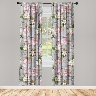 Floral Design Window Curtains, Flowers Vintage Pattern with Leaves Greenery and Feathers Print, Lightweight Decor 2-Panel Set with Rod Pocket, Pair of - 28"x63", Pale Pink Forest Green, by Ambesonne