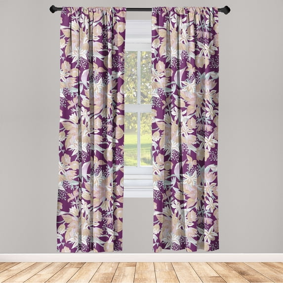 Floral Design Window Curtains, Garden Scene Flowers with Leaves Greenery Garden Art Vibes Print, Lightweight Decor 2-Panel Set with Rod Pocket, Pair of - 28"x84", Purple Sand Brown White, by Ambesonne