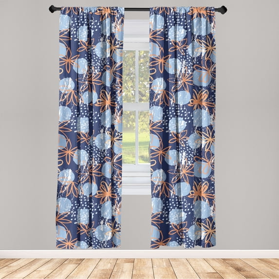 Floral Design Window Curtains, Grungy Polka Dots Ornamented Simple Modern Flowers Pattern Art, Lightweight Decor 2-Panel Set with Rod Pocket, Pair of - 28"x63", Dark Indigo Burnt Sienna, by Ambesonne