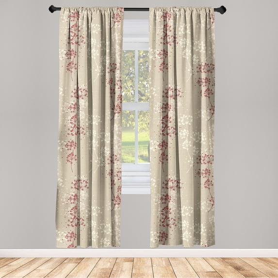 Floral Design Window Curtains, Japan Inspired Simple Design Modern Flowers Pattern with Dots, Lightweight Decor 2-Panel Set with Rod Pocket, Pair of - 28"x84", Pale Khaki Burgundy Rose, by Ambesonne