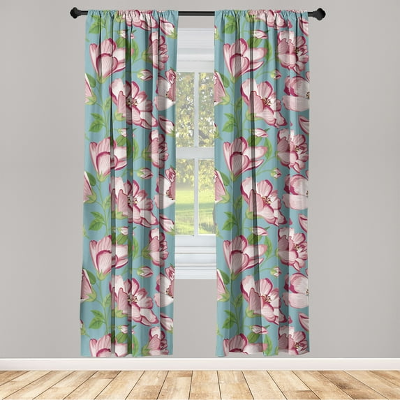 Floral Design Window Curtains, Modern Minimalist Flowers Vintage Pattern with Leaves Greenery, Lightweight Decor 2-Panel Set with Rod Pocket, Pair of - 28"x84", Fern Green Pale Rose Rose, by Ambesonne