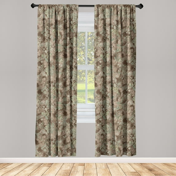 Floral Design Window Curtains, Muted Composition of Leaves Greenery with Blooming Neutral Flowers, Lightweight Decor 2-Panel Set with Rod Pocket, Pair of - 28"x63", Laurel Green Umber, by Ambesonne
