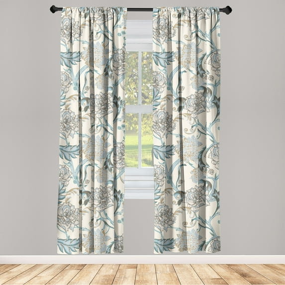 Floral Design Window Curtains, Neutral Colors Boho Flowers Vintage Art and Leaves Greenery Print, Lightweight Decor 2-Panel Set with Rod Pocket, Pair of - 28"x63", Cream Pale Azure Blue, by Ambesonne