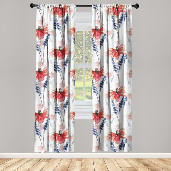 Floral Design Window Curtains, Poppy Petals and Wild Flowers in Watercolor Style Blurry Back, Lightweight Decor 2-Panel Set with Rod Pocket, Pair of - 28"x95", Burnt Sienna Blue Violet, by Ambesonne
