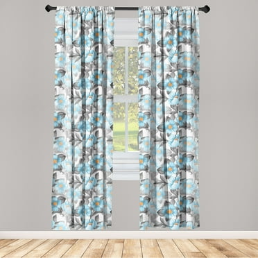 Floral Design Window Curtains, Retro Drawings of Spring Feels Flowers Boho with Neutral Leaves, Lightweight Decor 2-Panel Set with Rod Pocket, Pair of - 28"x63", Deep Sky Blue Pale Grey, by Ambesonne