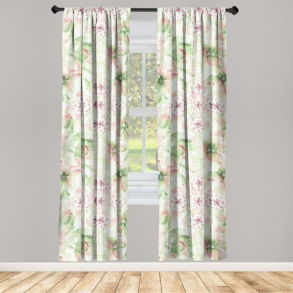 Floral Design Window Curtains, Romantic Inspirations Delicate Flowers Boho Silhouettes Print, Lightweight Decor 2-Panel Set with Rod Pocket, Pair of - 28"x63", Fern Green Pale Fuchsia, by Ambesonne