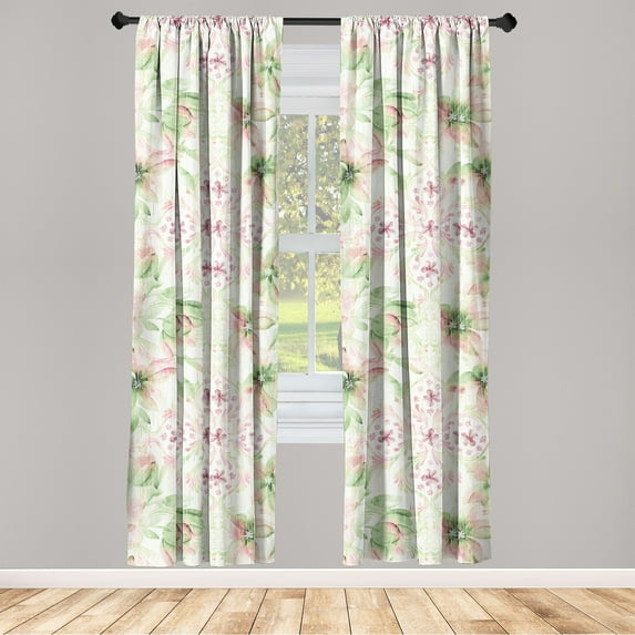 Floral Design Window Curtains, Romantic Inspirations Delicate Flowers Boho Silhouettes Print, Lightweight Decor 2-Panel Set with Rod Pocket, Pair of - 28"x84", Fern Green Pale Fuchsia, by Ambesonne