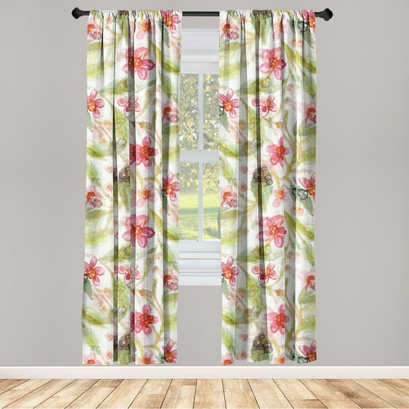 Floral Design Window Curtains, Simplistic Modern Flowers with Leaves Greenery Meadow Vibe Art, Lightweight Decor 2-Panel Set with Rod Pocket, Pair of - 28"x63", Pistachio Green Dark Pink, by Ambesonne