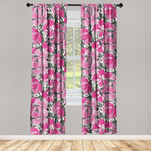 Floral Design Window Curtains, Springtime Themed Hibiscus Flowers Boho with Watercolor Style Print, Lightweight Decor 2-Panel Set with Rod Pocket, Pair of - 28"x95", Pastel Pink Hot Pink, by Ambesonne