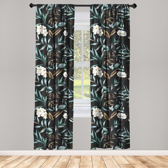 Floral Design Window Curtains, Tropical Leafy Pattern with Hibiscus Flowers Boho on Dark Back, Lightweight Decor 2-Panel Set with Rod Pocket, Pair of - 28"x95", Sea Green Fawn Eggshell, by Ambesonne