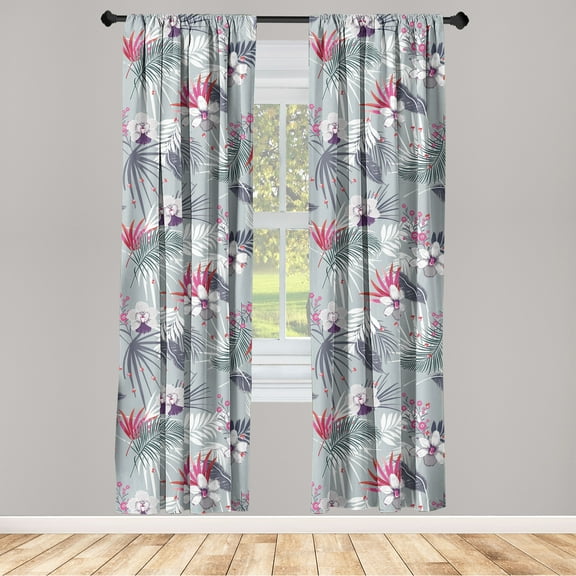 Floral Design Window Curtains, Tropical Themed Neutral Colors Boho Flowers Vintage with Leafy Art, Lightweight Decor 2-Panel Set with Rod Pocket, Pair of - 28"x63", Dark Coral Pale Grey, by Ambesonne