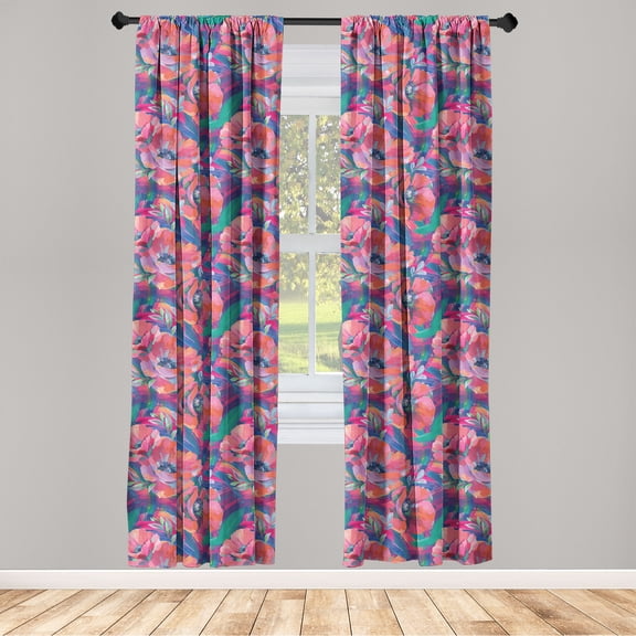Floral Design Window Curtains, Watercolor Art of a Garden Scene Rose Flowers Jumble Aura Print, Lightweight Decor 2-Panel Set with Rod Pocket, Pair of - 28"x63", Sea Green Coral Indigo, by Ambesonne