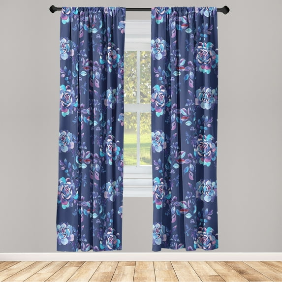 Floral Design Window Curtains, Watercolor Dreamy Flowers Boho Garden in Abstract Inverted Colors, Lightweight Decor 2-Panel Set with Rod Pocket, Pair of - 28"x63", Indigo Sky Blue Violet, by Ambesonne