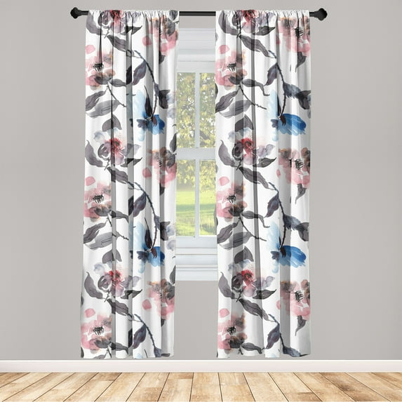 Floral Design Window Curtains, Watercolor Style Blooming Branches in Soft Modern Romantic Colors, Lightweight Decor 2-Panel Set with Rod Pocket, Pair of - 28"x95", Dimgray Rose and Blue, by Ambesonne