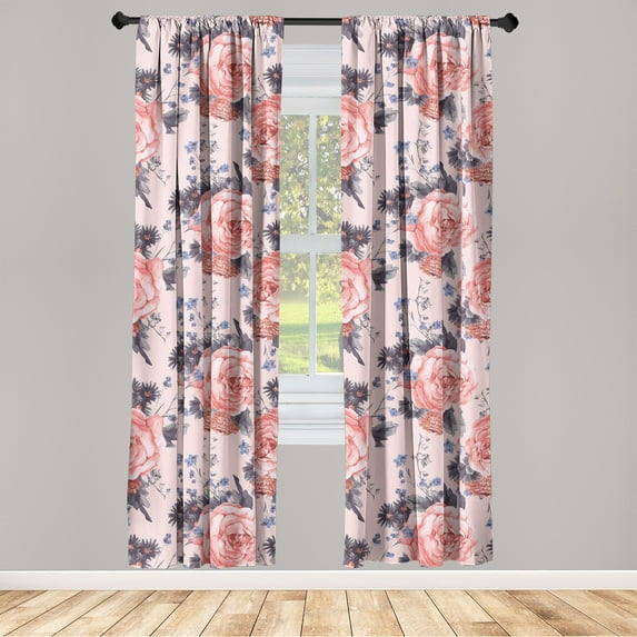 Floral Design Window Curtains, Watercolor Style Delicate Rose Flowers Boho Garden Scene Print, Lightweight Decor 2-Panel Set with Rod Pocket, Pair of - 28"x95", Coral Blush Dark Lavender, by Ambesonne